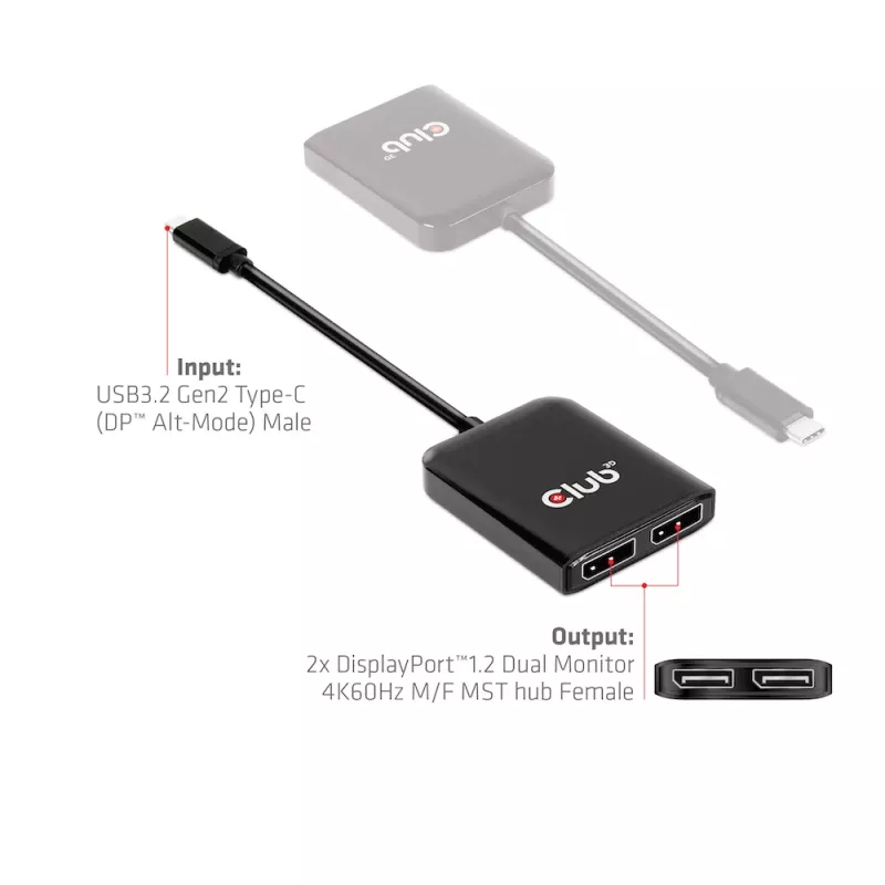 CLUB3D USB3.2 Gen2 Type-C(DP™ Alt-Mode) na DisplayPort™ hub MST dla dwóch monitorów 4K60Hz M/F