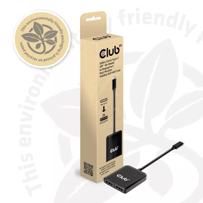 CLUB3D USB3.2 Gen2 Type-C(DP™ Alt-Mode) na DisplayPort™ hub MST dla dwóch monitorów 4K60Hz M/F