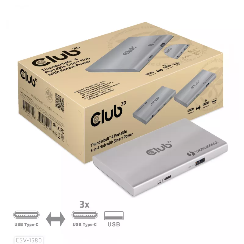 CLUB3D Certyfikowany Przenośny Hub Thunderbolt™4 5-w-1 z Inteligentnym Zasilaniem
