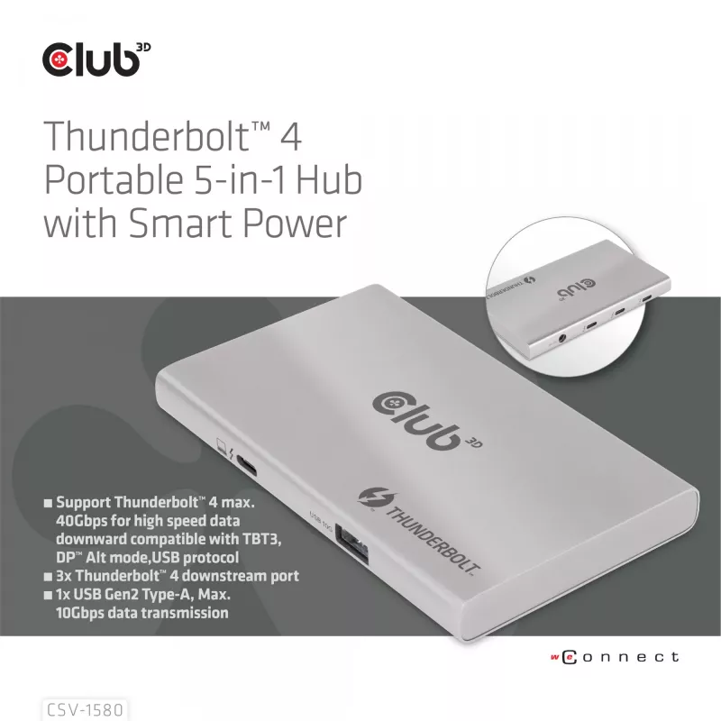 CLUB3D Certyfikowany Przenośny Hub Thunderbolt™4 5-w-1 z Inteligentnym Zasilaniem