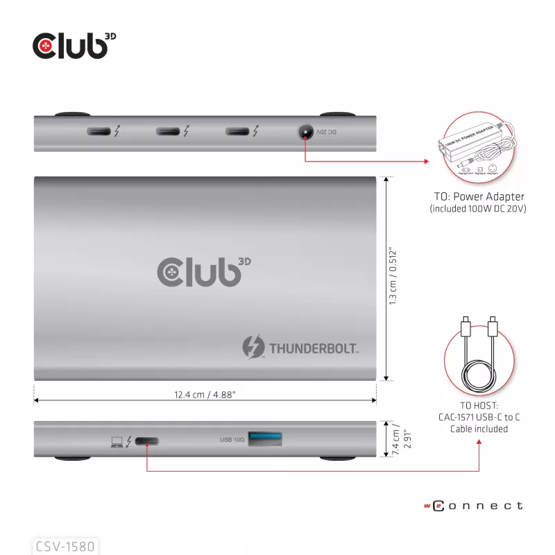CLUB3D Certyfikowany Przenośny Hub Thunderbolt™4 5-w-1 z Inteligentnym Zasilaniem