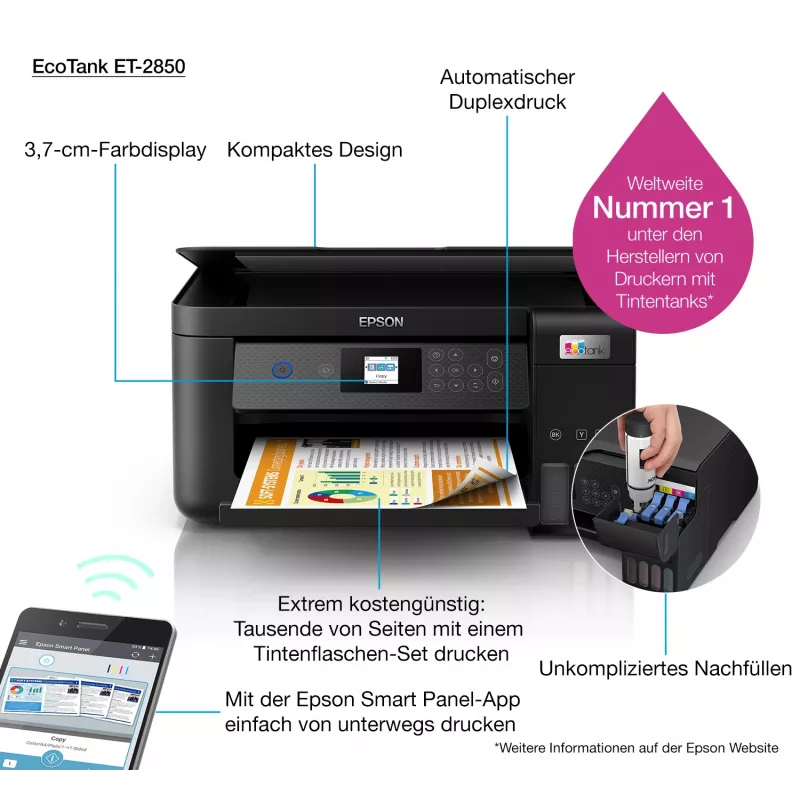 Epson EcoTank ET-2850 A4 Wielofunkcyjna Drukarka Wi-Fi z Zbiornikiem Tuszu
