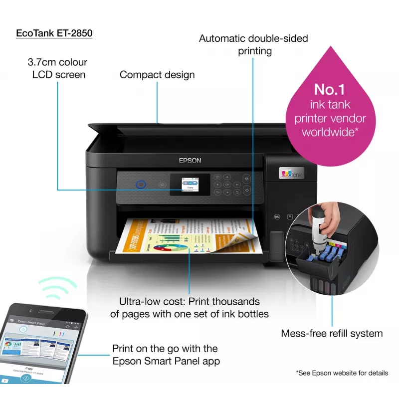 Epson EcoTank ET-2850 A4 Wielofunkcyjna Drukarka Wi-Fi z Zbiornikiem Tuszu