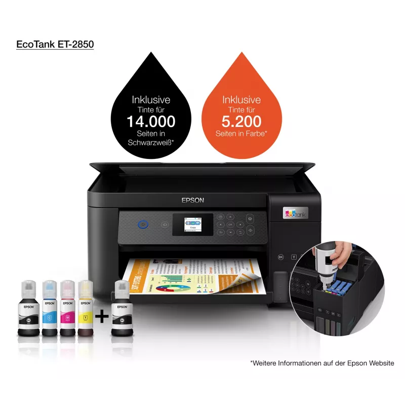 Epson EcoTank ET-2850 A4 Wielofunkcyjna Drukarka Wi-Fi z Zbiornikiem Tuszu