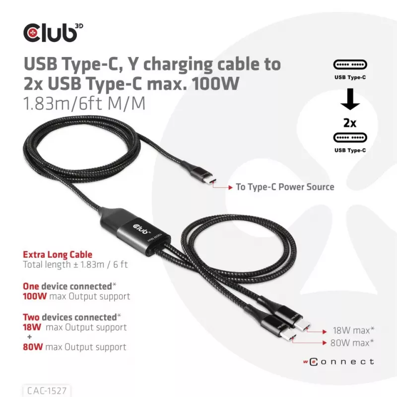 Kabel ładujący CLUB3D USB Type-C, Y do 2x USB Type-C, maks. 100W, 1,83m/6ft M/M