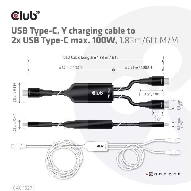 Kabel ładujący CLUB3D USB Type-C, Y do 2x USB Type-C, maks. 100W, 1,83m/6ft M/M