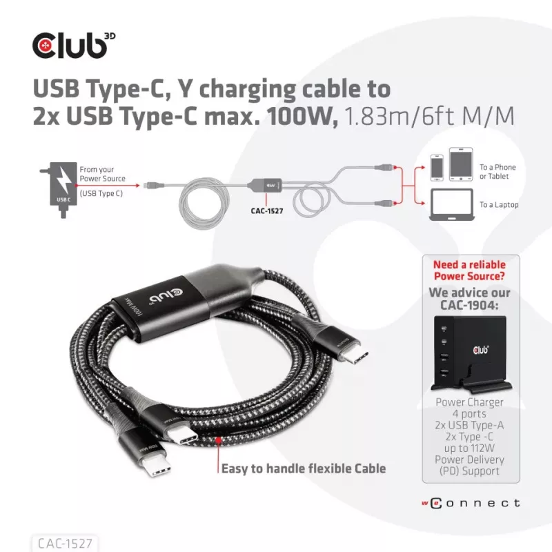 Kabel ładujący CLUB3D USB Type-C, Y do 2x USB Type-C, maks. 100W, 1,83m/6ft M/M