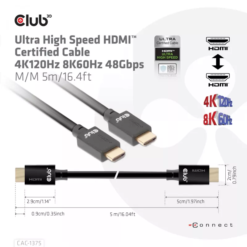 CLUB3D Ultra High Speed HDMI™ Certified Cable 4K120Hz 8K60Hz 48Gbps M/M 5m/16.4ft