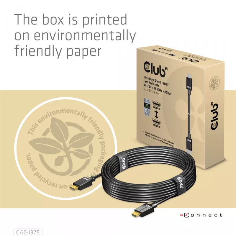 CLUB3D Ultra High Speed HDMI™ Certified Cable 4K120Hz 8K60Hz 48Gbps M/M 5m/16.4ft