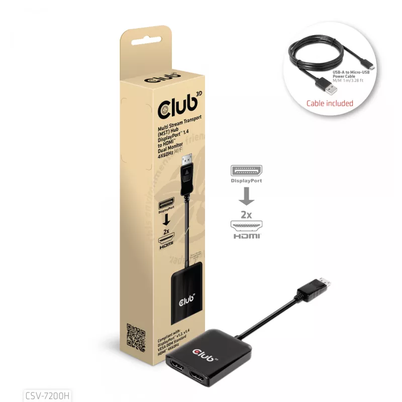 CLUB3D Multi Stream Transport (MST) Hub DisplayPort 1.4 na HDMI Podwójny Monitor 4K60Hz M/F