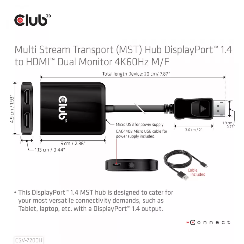 CLUB3D Multi Stream Transport (MST) Hub DisplayPort 1.4 na HDMI Podwójny Monitor 4K60Hz M/F
