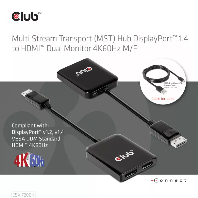 CLUB3D Multi Stream Transport (MST) Hub DisplayPort 1.4 na HDMI Podwójny Monitor 4K60Hz M/F