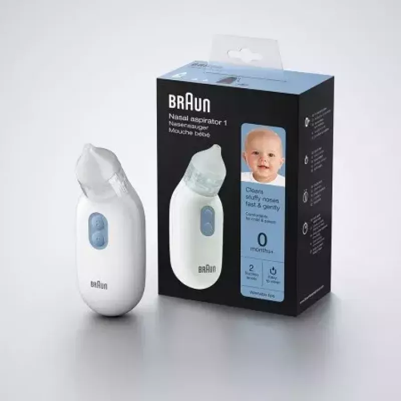 Elektryczny aspirator do nosa BRAUN BNA 100 — zasilany bateriami, regulowana siła ssania, zdejmowane końcówki, biały