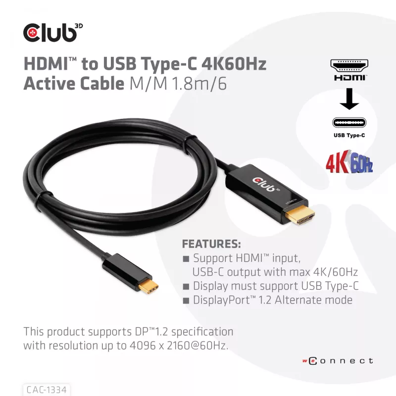 CLUB3D HDMI do USB Type-C aktywny kabel 4K60Hz M/M 1,8 m / 6 ft