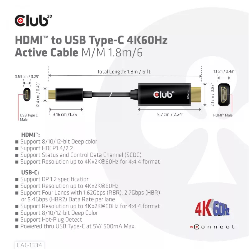 CLUB3D HDMI do USB Type-C aktywny kabel 4K60Hz M/M 1,8 m / 6 ft