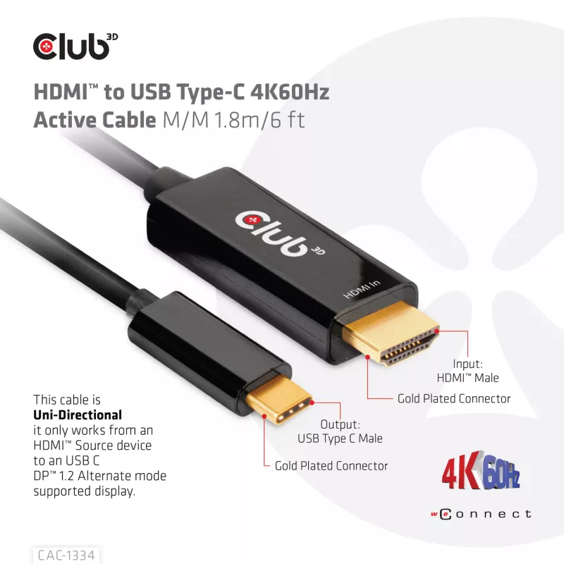 CLUB3D HDMI do USB Type-C aktywny kabel 4K60Hz M/M 1,8 m / 6 ft