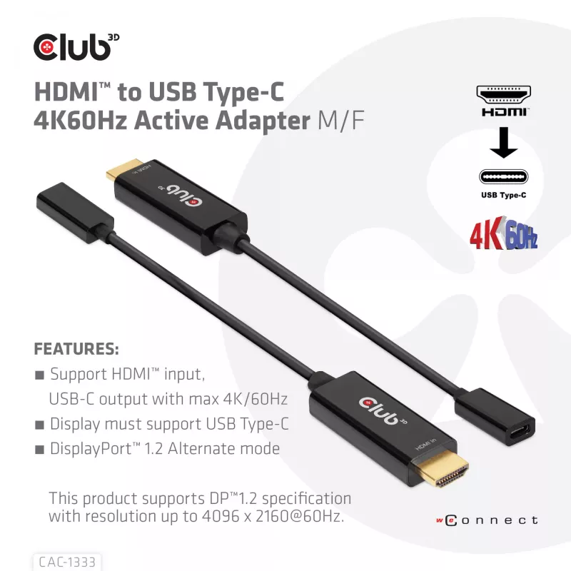 Aktywny adapter CLUB3D HDMI na USB Type-C 4K60Hz M/F