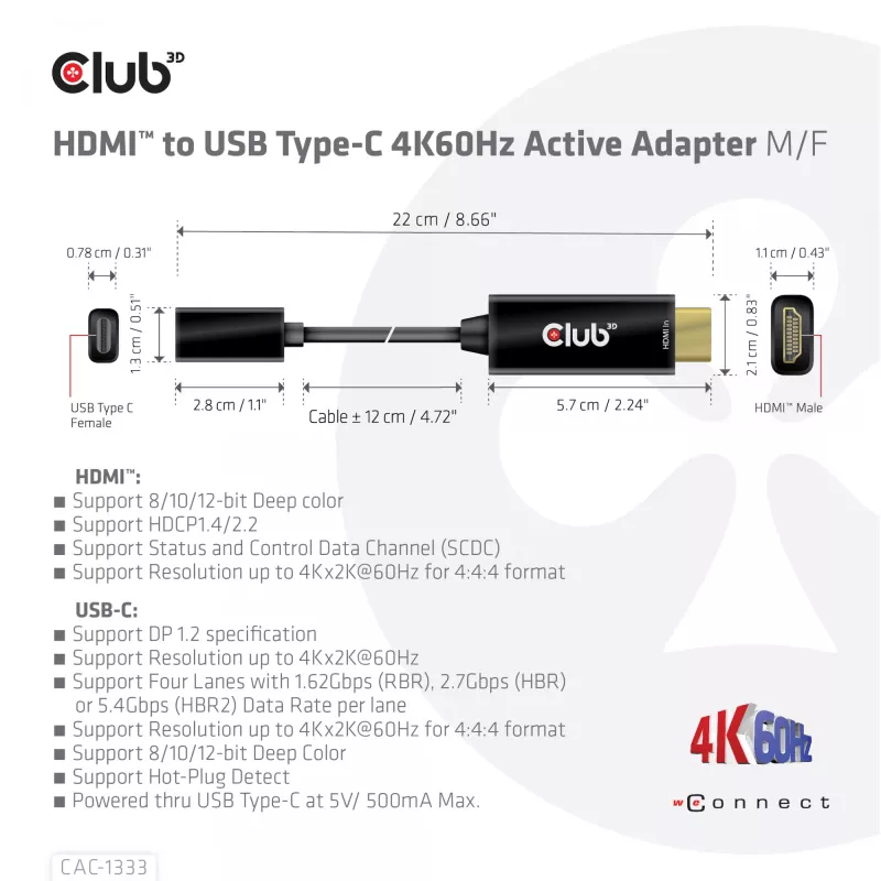 Aktywny adapter CLUB3D HDMI na USB Type-C 4K60Hz M/F