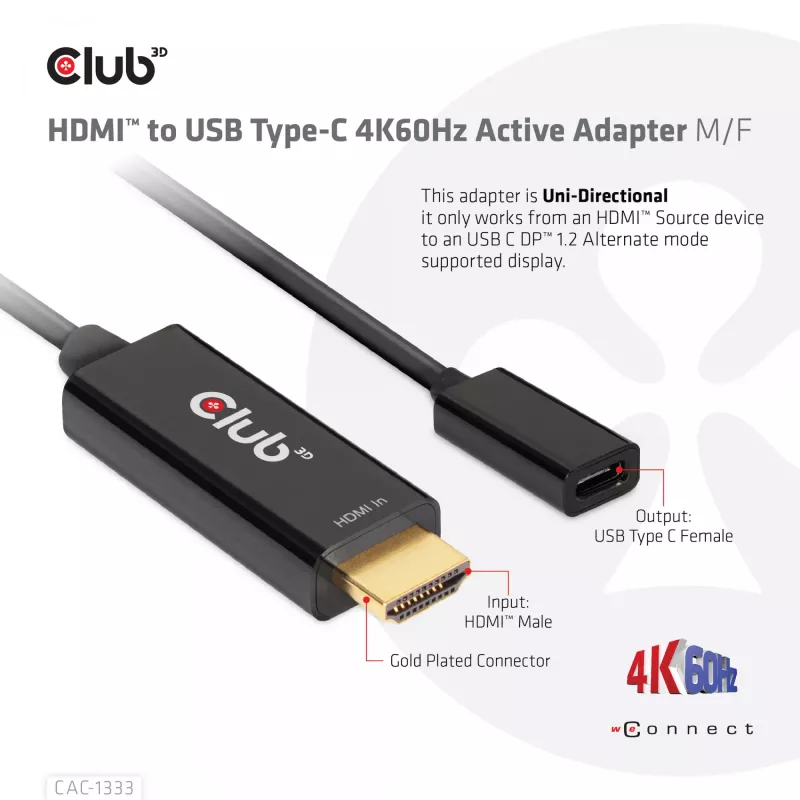 Aktywny adapter CLUB3D HDMI na USB Type-C 4K60Hz M/F