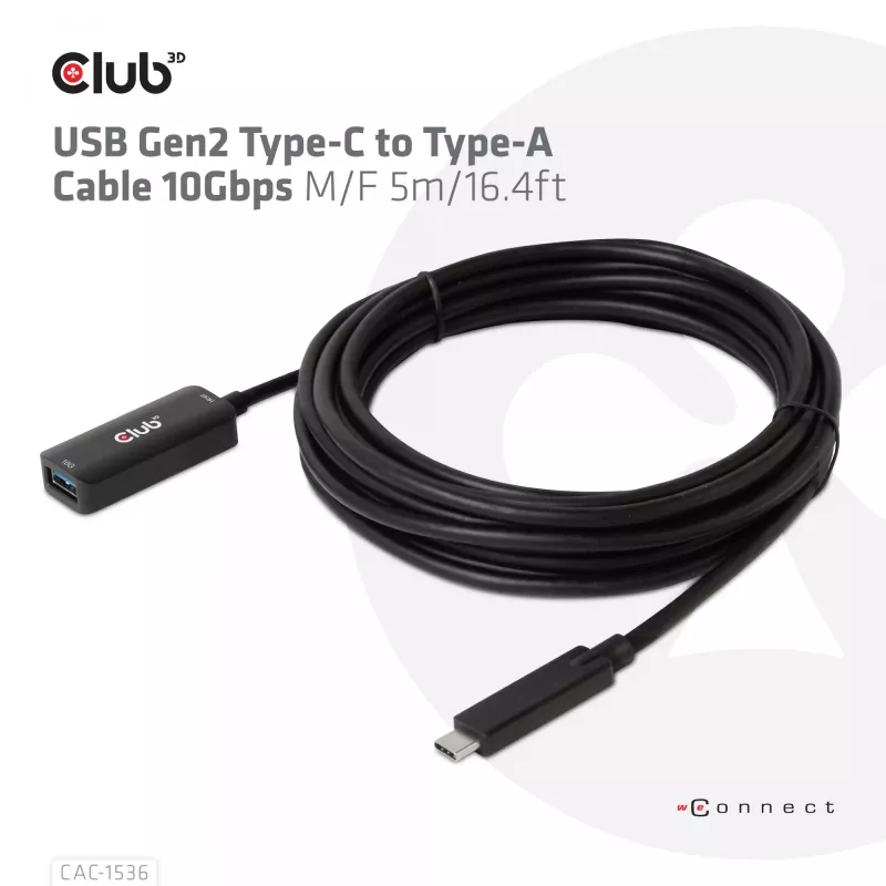 Kabel CLUB3D USB Gen2 Type-C na Type-A 10Gbps M/F 5m/16.4ft