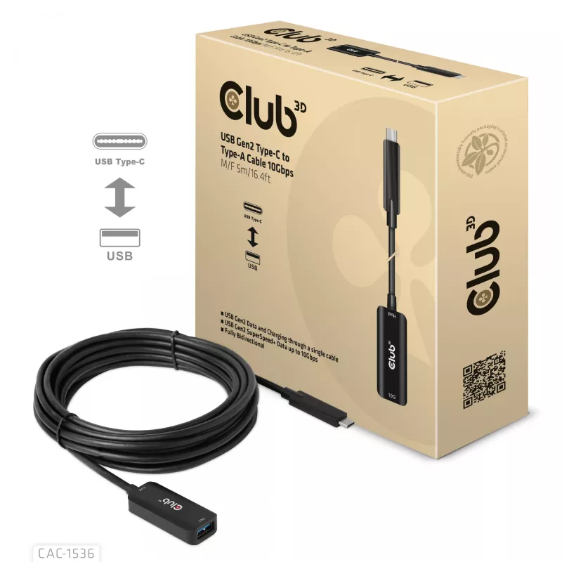 Kabel CLUB3D USB Gen2 Type-C na Type-A 10Gbps M/F 5m/16.4ft