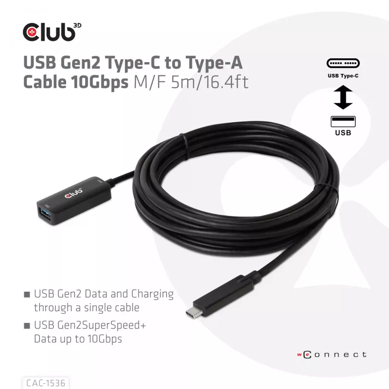Kabel CLUB3D USB Gen2 Type-C na Type-A 10Gbps M/F 5m/16.4ft