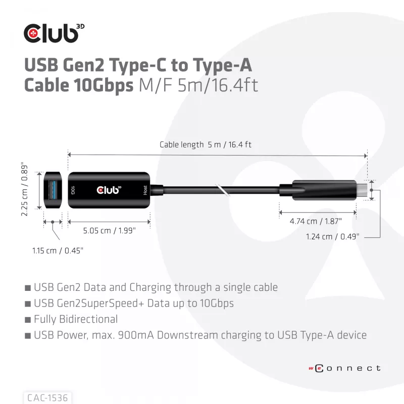 Kabel CLUB3D USB Gen2 Type-C na Type-A 10Gbps M/F 5m/16.4ft