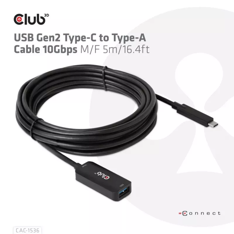 Kabel CLUB3D USB Gen2 Type-C na Type-A 10Gbps M/F 5m/16.4ft