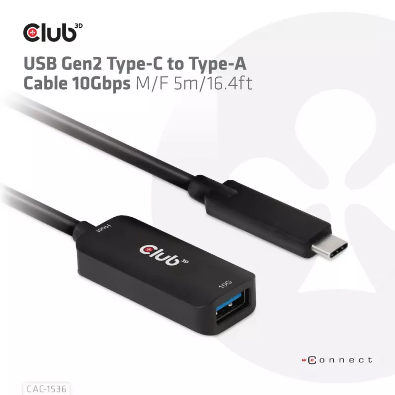 Kabel CLUB3D USB Gen2 Type-C na Type-A 10Gbps M/F 5m/16.4ft