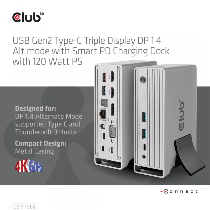 Stacja dokująca CLUB3D CSV-1568 Metalowa obudowa USB Gen2 Type-C USB Gen2 Type-A HDMI DP VGA RJ45 120W