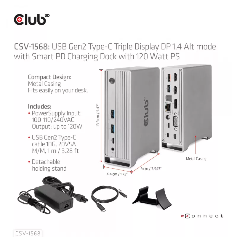 Stacja dokująca CLUB3D CSV-1568 Metalowa obudowa USB Gen2 Type-C USB Gen2 Type-A HDMI DP VGA RJ45 120W