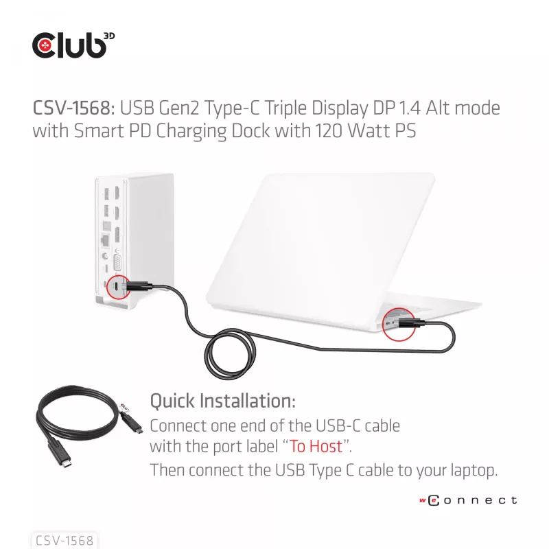 Stacja dokująca CLUB3D CSV-1568 Metalowa obudowa USB Gen2 Type-C USB Gen2 Type-A HDMI DP VGA RJ45 120W