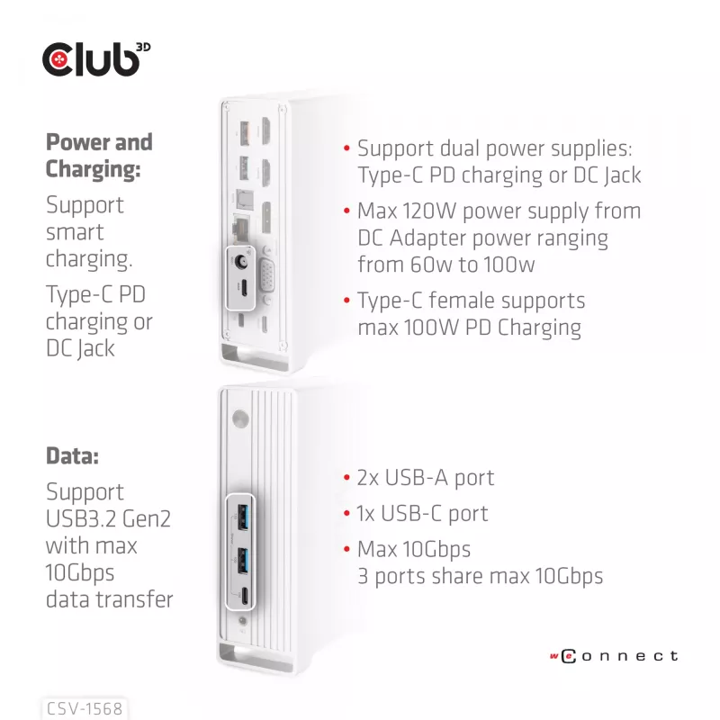 Stacja dokująca CLUB3D CSV-1568 Metalowa obudowa USB Gen2 Type-C USB Gen2 Type-A HDMI DP VGA RJ45 120W