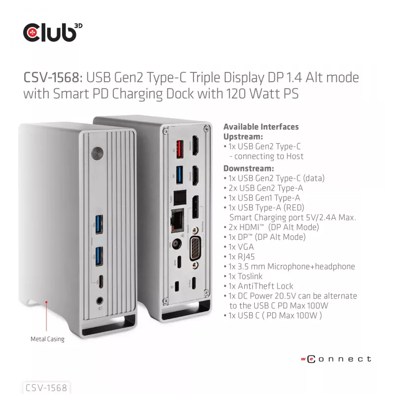 Stacja dokująca CLUB3D CSV-1568 Metalowa obudowa USB Gen2 Type-C USB Gen2 Type-A HDMI DP VGA RJ45 120W