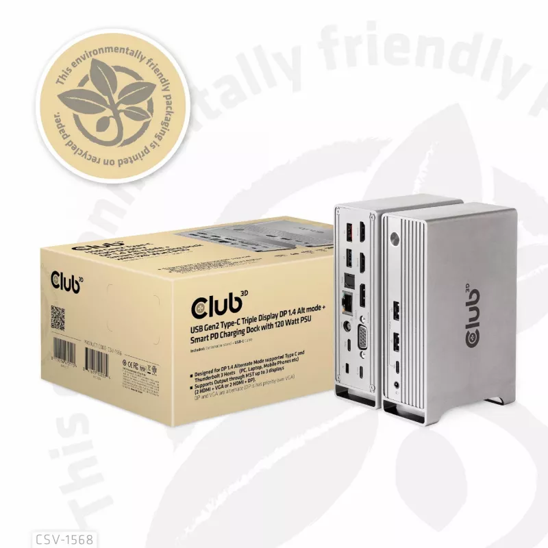 Stacja dokująca CLUB3D CSV-1568 Metalowa obudowa USB Gen2 Type-C USB Gen2 Type-A HDMI DP VGA RJ45 120W