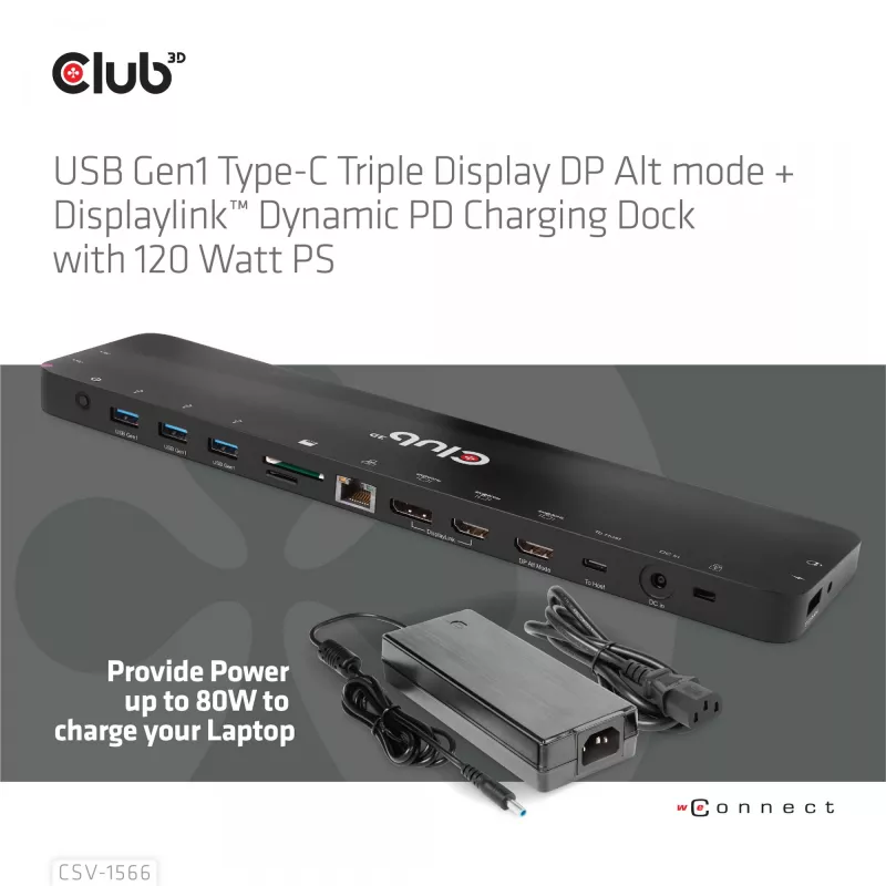 Stacja dokująca CLUB3D USB Gen1 Type-C Triple Display DP Alt mode Displaylink z dynamicznym ładowaniem PD i zasilaczem 120 W