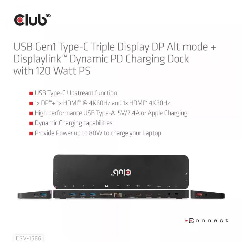 Stacja dokująca CLUB3D USB Gen1 Type-C Triple Display DP Alt mode Displaylink z dynamicznym ładowaniem PD i zasilaczem 120 W