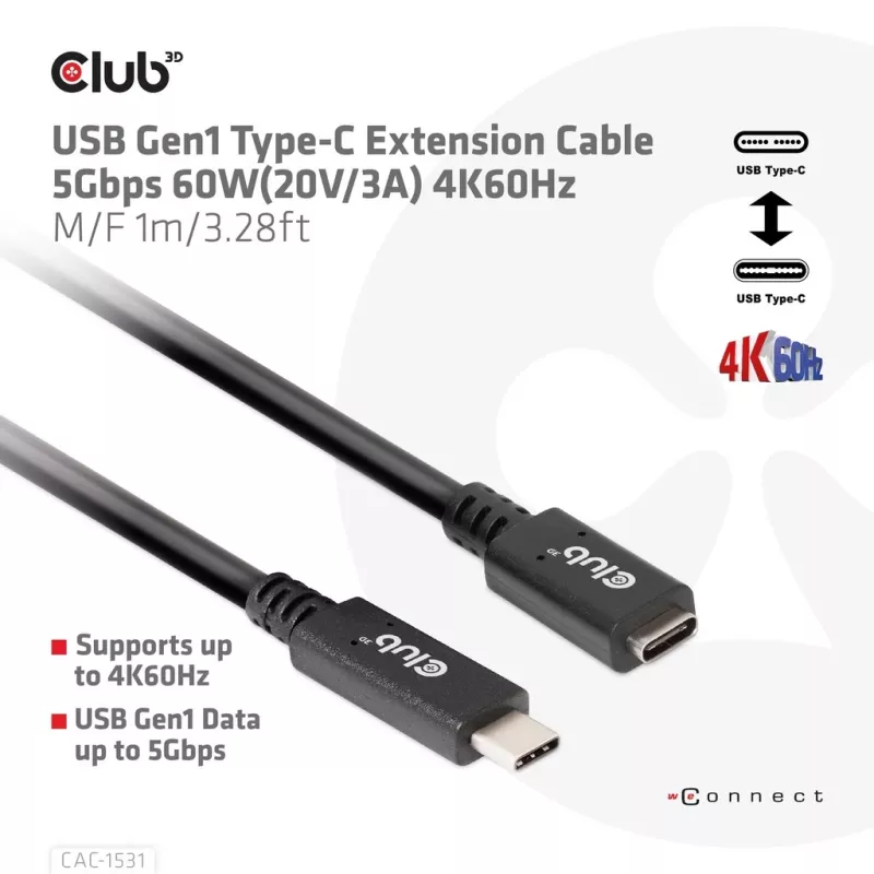 Kabel przedłużający USB Gen1 Typ-C CLUB3D CAC-1531, 1 m, wtyk USB-C na 2× gniazdo USB-C, 5 Gb/s, PD 60 W, 4K@60 Hz
