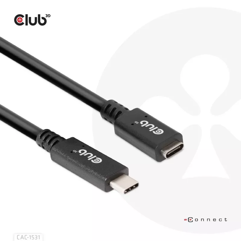 Kabel przedłużający USB Gen1 Typ-C CLUB3D CAC-1531, 1 m, wtyk USB-C na 2× gniazdo USB-C, 5 Gb/s, PD 60 W, 4K@60 Hz