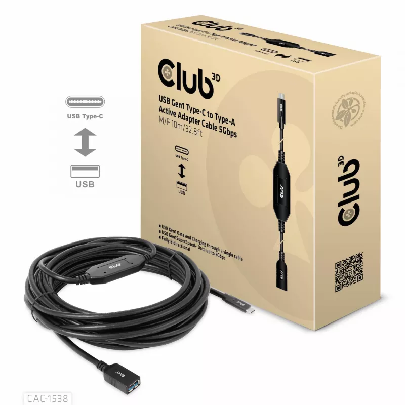 Aktywny adapter kablowy CLUB3D USB Gen1 Type-C na Type-A 5Gbps M/F 10m