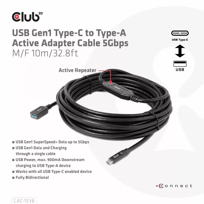 Aktywny adapter kablowy CLUB3D USB Gen1 Type-C na Type-A 5Gbps M/F 10m