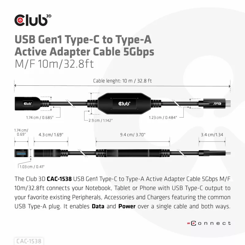 Aktywny adapter kablowy CLUB3D USB Gen1 Type-C na Type-A 5Gbps M/F 10m