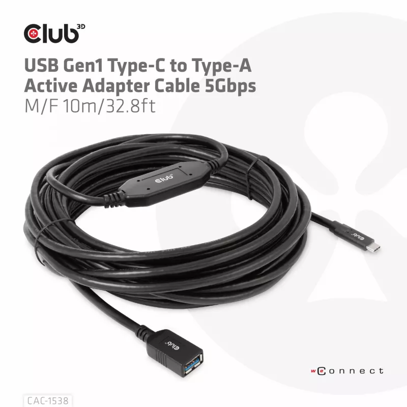 Aktywny adapter kablowy CLUB3D USB Gen1 Type-C na Type-A 5Gbps M/F 10m