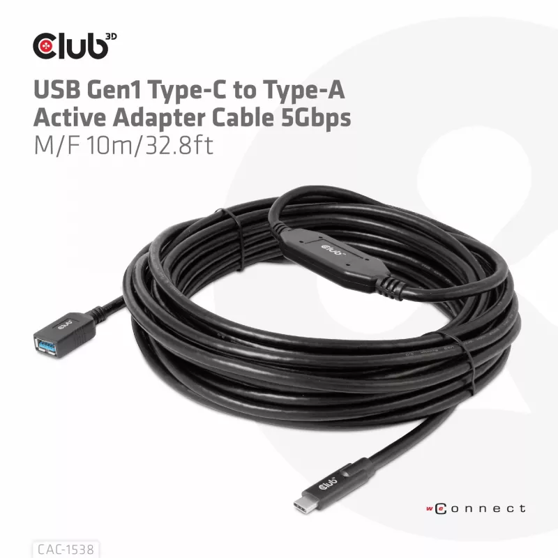 Aktywny adapter kablowy CLUB3D USB Gen1 Type-C na Type-A 5Gbps M/F 10m