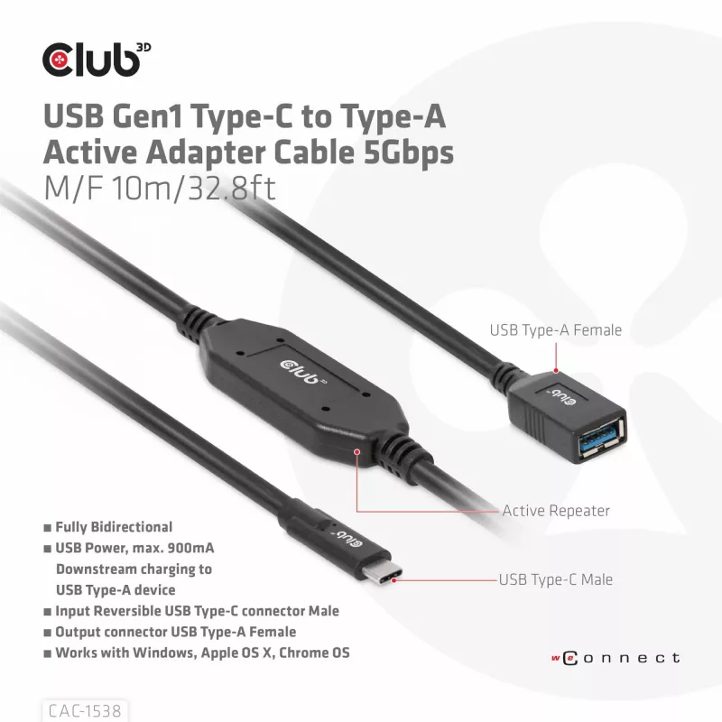 Aktywny adapter kablowy CLUB3D USB Gen1 Type-C na Type-A 5Gbps M/F 10m