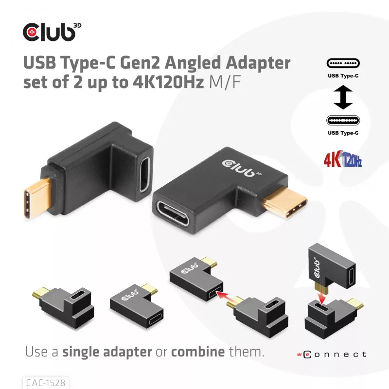 Zestaw 2 adapterów kątowych USB Type-C Gen2 CLUB3D CAC-1528 — USB-C na USB-C, obsługa 4K@120Hz