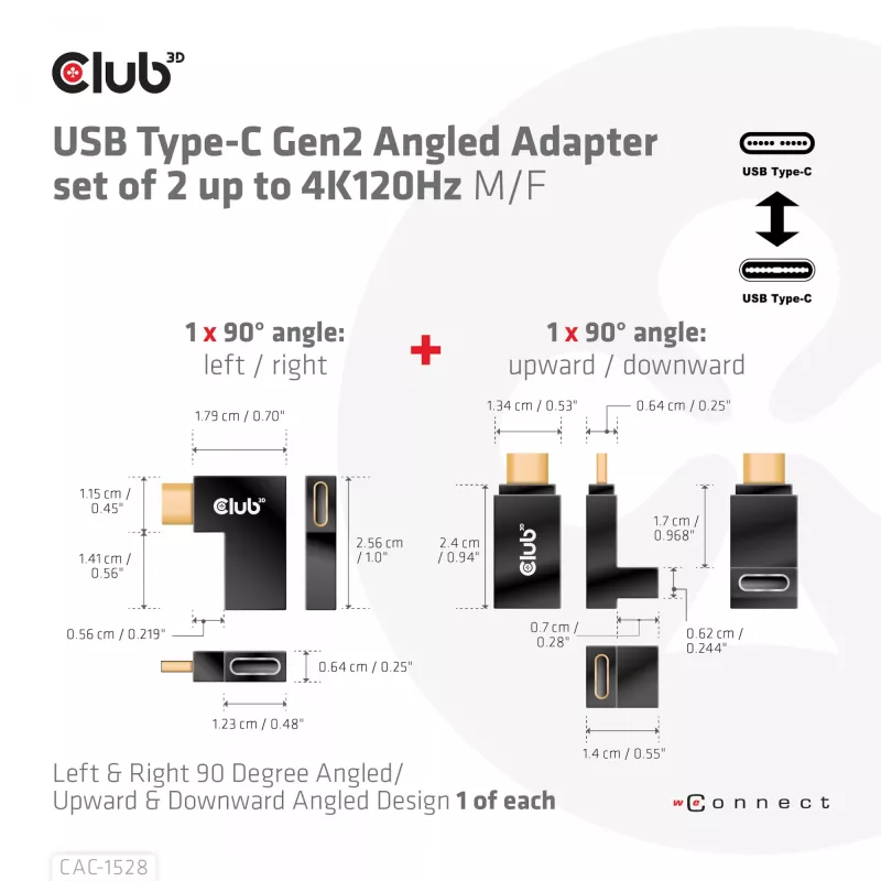 Zestaw 2 adapterów kątowych USB Type-C Gen2 CLUB3D CAC-1528 — USB-C na USB-C, obsługa 4K@120Hz