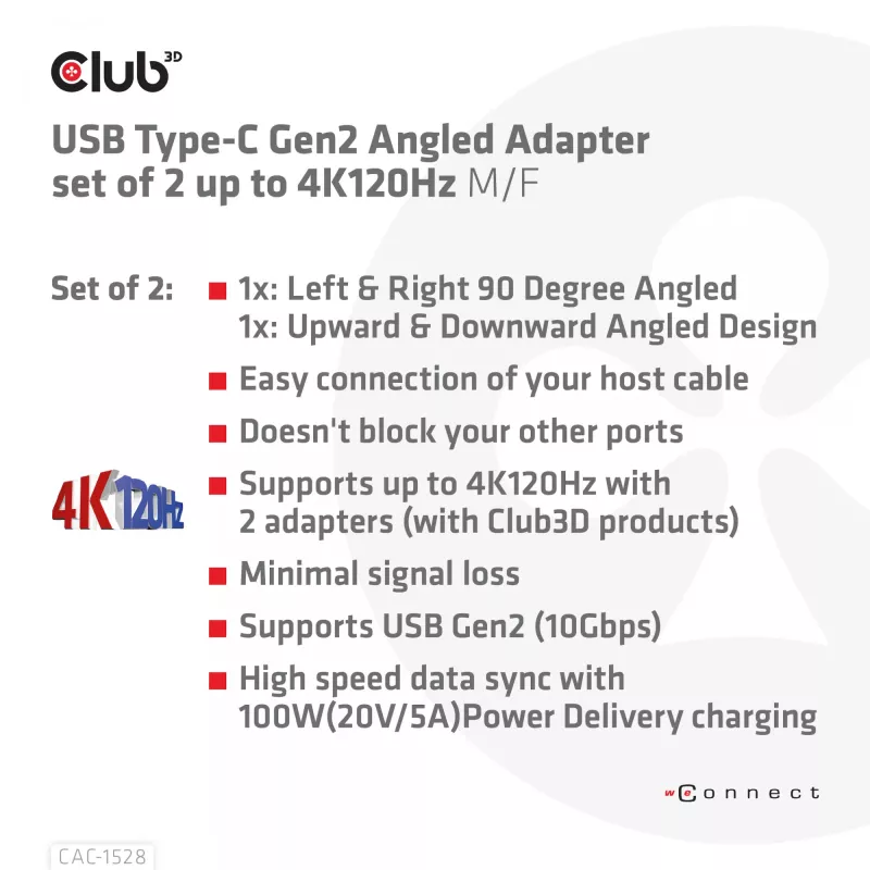 Zestaw 2 adapterów kątowych USB Type-C Gen2 CLUB3D CAC-1528 — USB-C na USB-C, obsługa 4K@120Hz