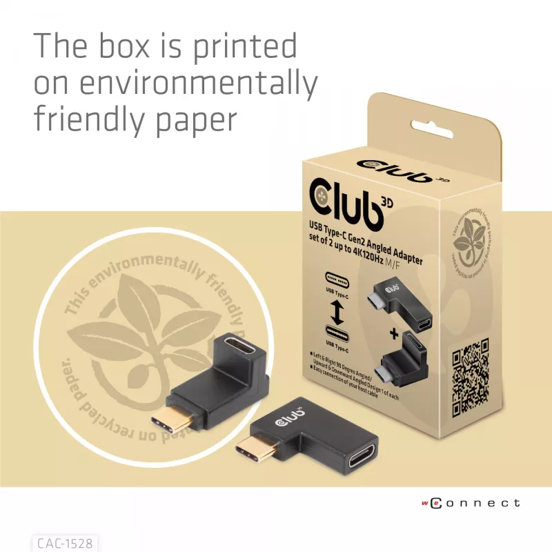 Zestaw 2 adapterów kątowych USB Type-C Gen2 CLUB3D CAC-1528 — USB-C na USB-C, obsługa 4K@120Hz