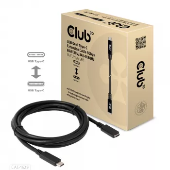 CLUB3D USB Gen1 Type-C Przedłużacz 5Gbps 60W(20V/3A) 4K60Hz M/F 2m/6.56ft